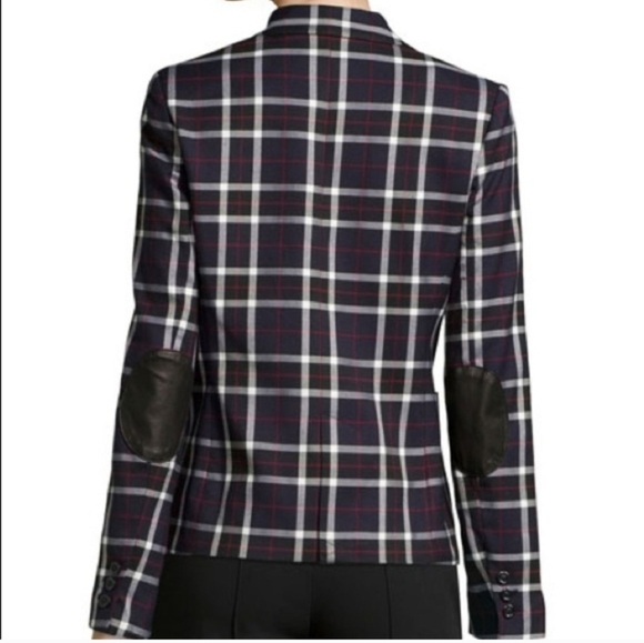 Alice + Olivia Savetta Plaid Windowpane Lamb Leather Elbows Blazer Navy Large - Picture 5 of 16